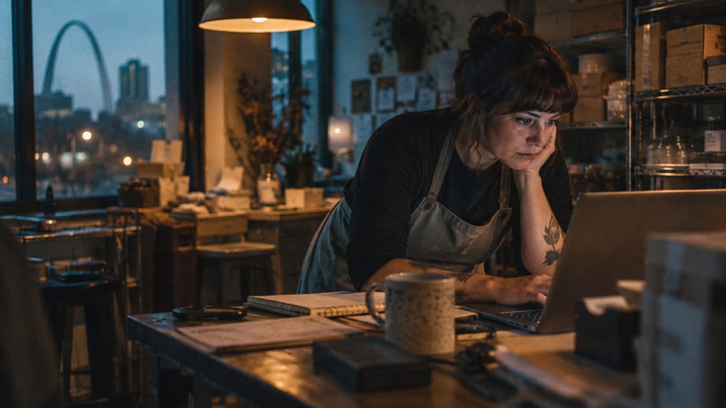 A small-business owner in an apron leaning over a laptop on a cluttered back-office desk late in the day, photographed in St. Louis