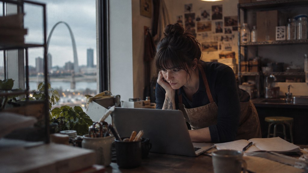 A small-business owner in an apron leaning over a laptop on a cluttered back-office desk late in the day, photographed in St. Louis