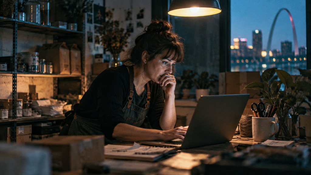 A small-business owner in an apron leaning over a laptop on a cluttered back-office desk late in the day, photographed in St. Louis
