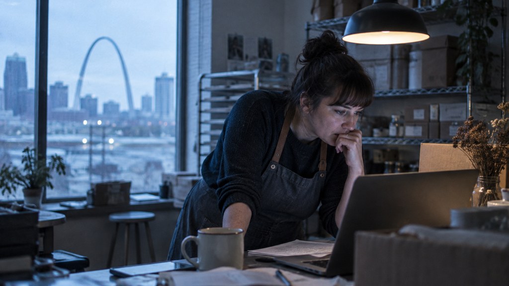 A small-business owner in an apron leaning over a laptop on a cluttered back-office desk late in the day, photographed in St. Louis