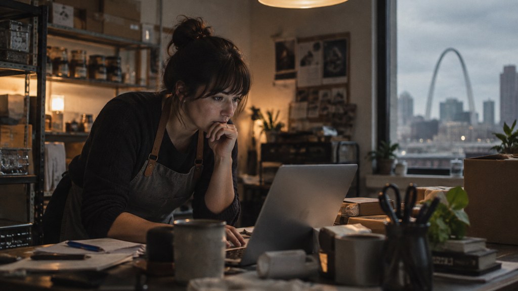 A small-business owner in an apron leaning over a laptop on a cluttered back-office desk late in the day, photographed in St. Louis