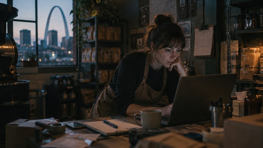 A small-business owner in an apron leaning over a laptop on a cluttered back-office desk late in the day, photographed in St. Louis
