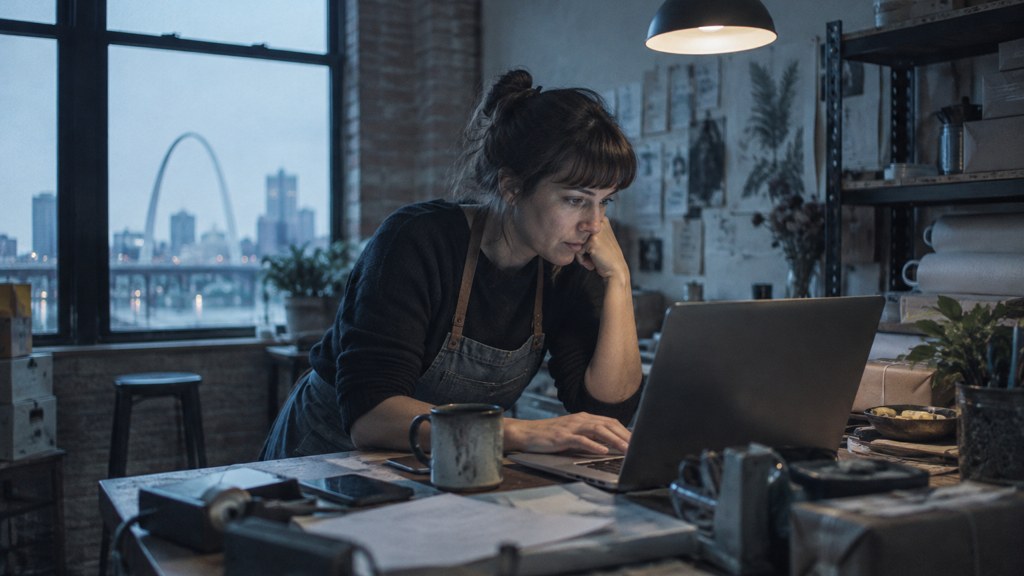 A small-business owner in an apron leaning over a laptop on a cluttered back-office desk late in the day, photographed in St. Louis