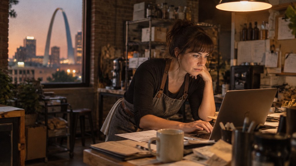 A small-business owner in an apron leaning over a laptop on a cluttered back-office desk late in the day, photographed in St. Louis
