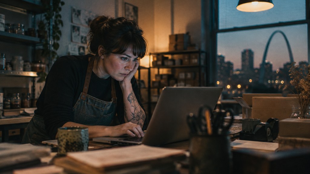 A small-business owner in an apron leaning over a laptop on a cluttered back-office desk late in the day, photographed in St. Louis