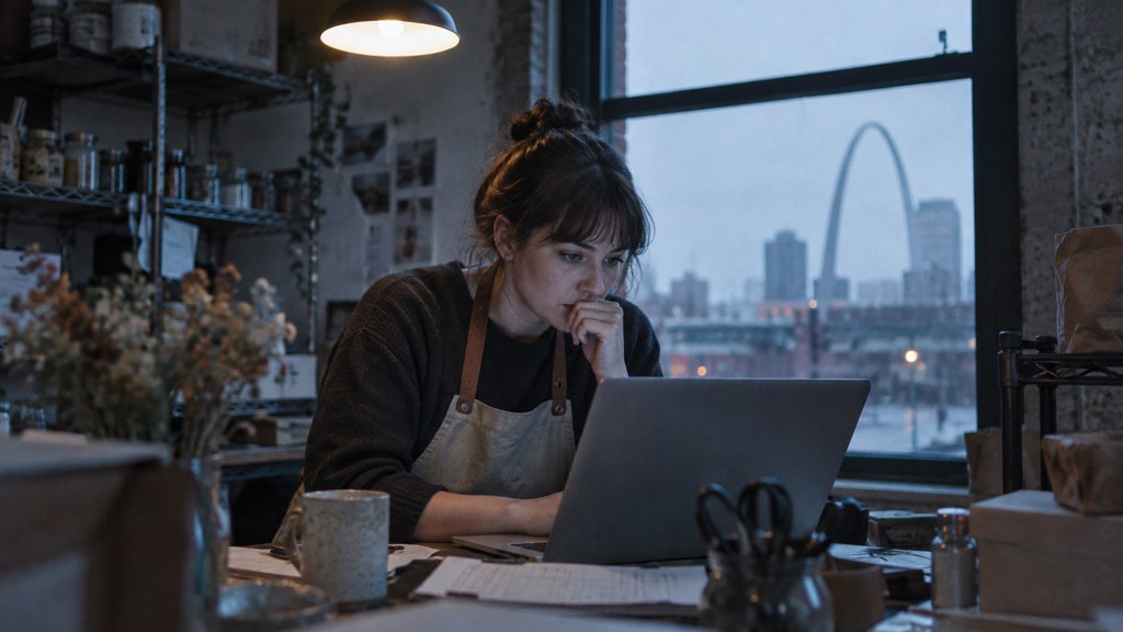 A small-business owner in an apron leaning over a laptop on a cluttered back-office desk late in the day, photographed in St. Louis