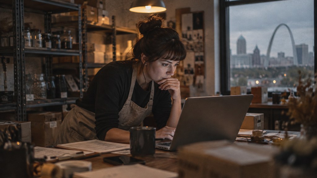 A small-business owner in an apron leaning over a laptop on a cluttered back-office desk late in the day, photographed in St. Louis