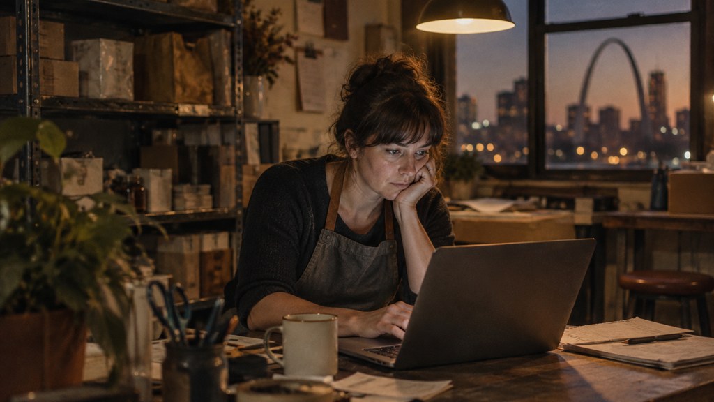 A small-business owner in an apron leaning over a laptop on a cluttered back-office desk late in the day, photographed in St. Louis
