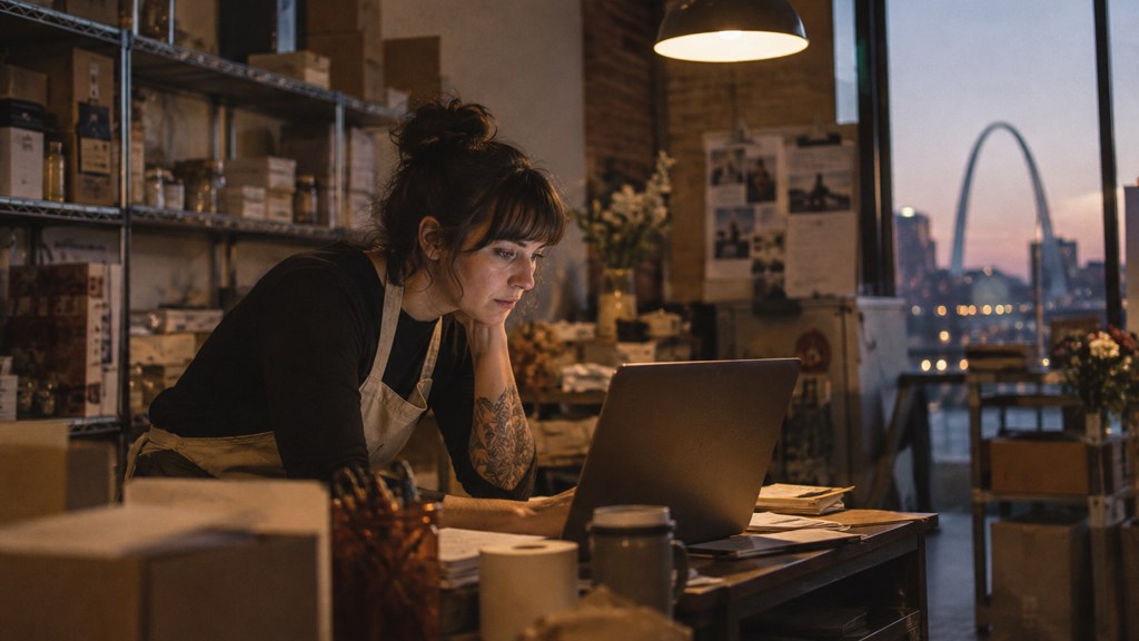 A small-business owner in an apron leaning over a laptop on a cluttered back-office desk late in the day, photographed in St. Louis