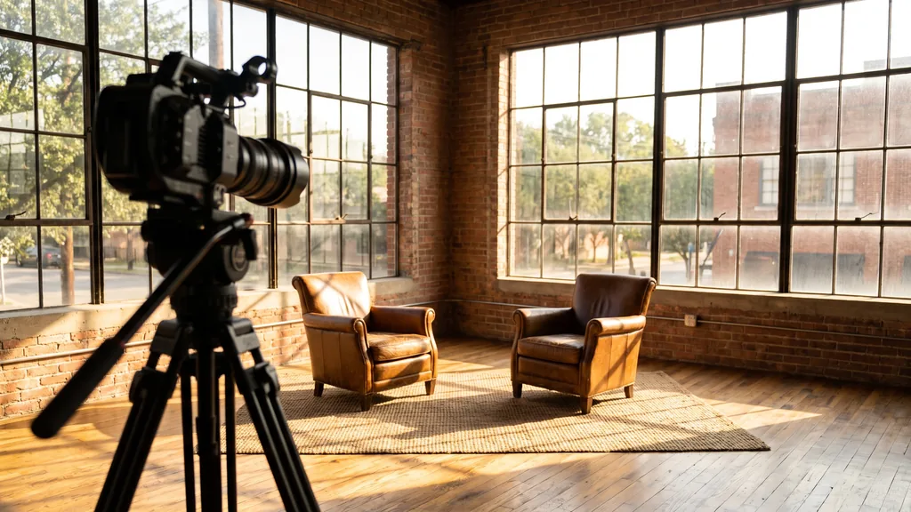 An empty Austin insights studio before an interview, camera on a tripod, two chairs, warm Texas light through tall windows