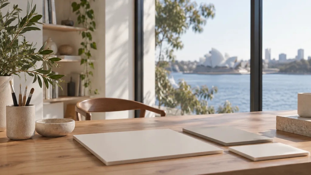 A Sydney harbourside branding studio desk with blank identity boards on pale spotted gum in bright coastal light