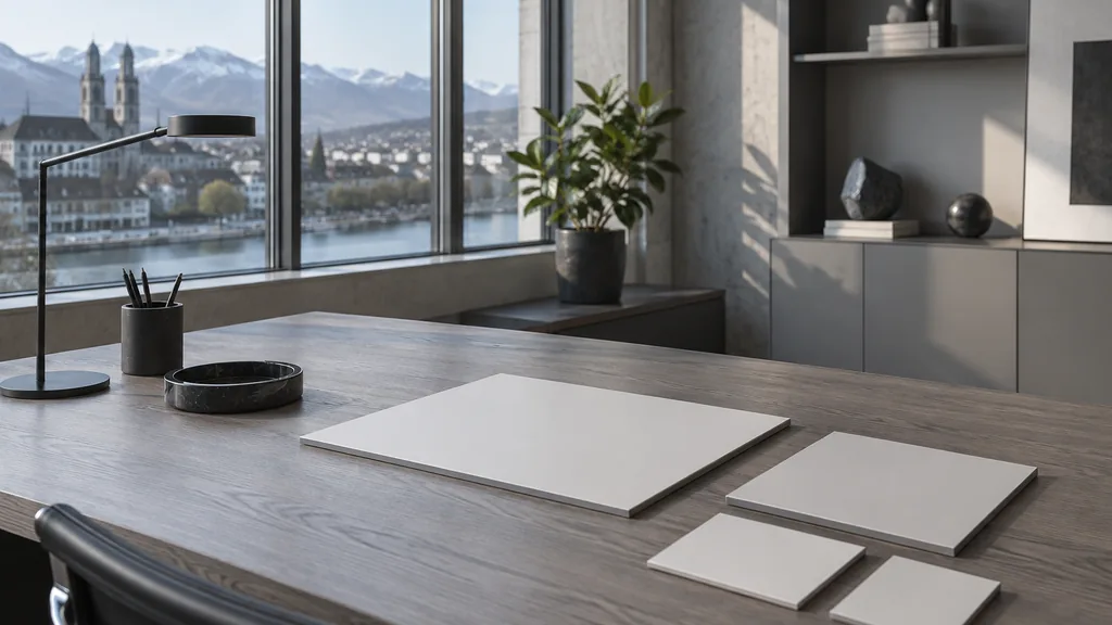 A Zurich branding studio desk with blank identity boards on grey oak in cool alpine daylight