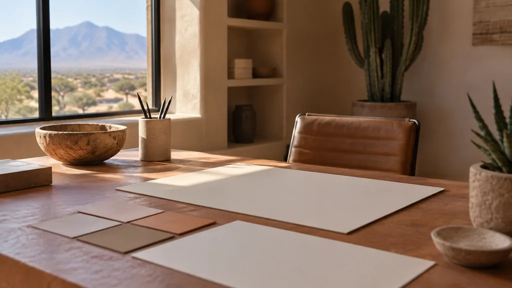 An Albuquerque branding studio desk with blank brand boards on an adobe-toned surface in dry high-desert light