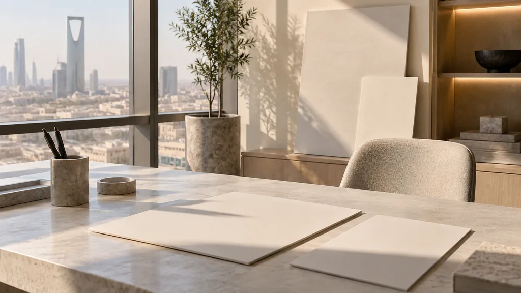 A Riyadh branding studio desk with blank identity boards on pale stone in bright filtered desert light