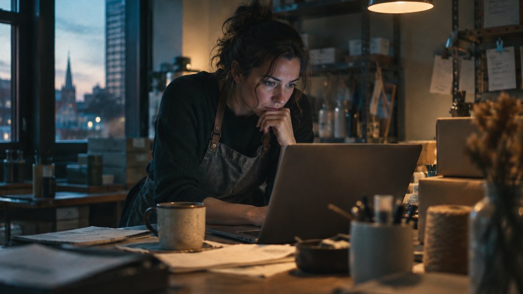 A small-business owner in an apron leaning over a laptop on a cluttered back-office desk late in the day, photographed in Stamford