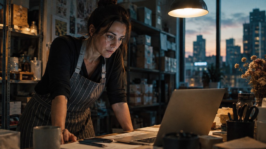 A small-business owner in an apron leaning over a laptop on a cluttered back-office desk late in the day, photographed in Stamford
