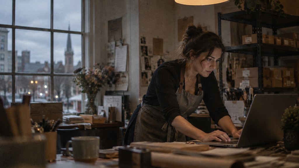 A small-business owner in an apron leaning over a laptop on a cluttered back-office desk late in the day, photographed in Stamford