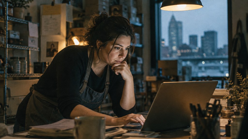 A small-business owner in an apron leaning over a laptop on a cluttered back-office desk late in the day, photographed in Stamford