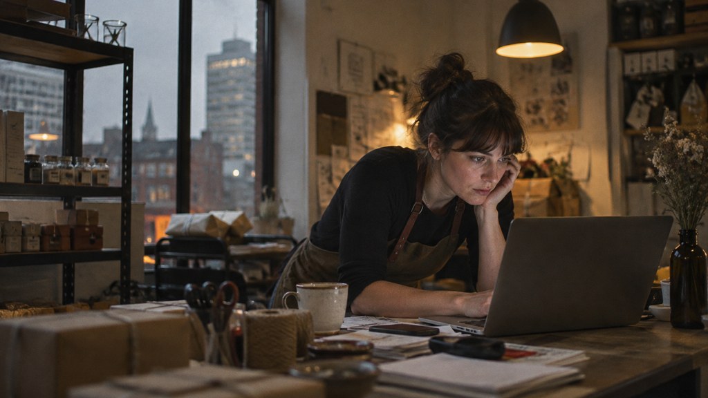 A small-business owner in an apron leaning over a laptop on a cluttered back-office desk late in the day, photographed in Stamford