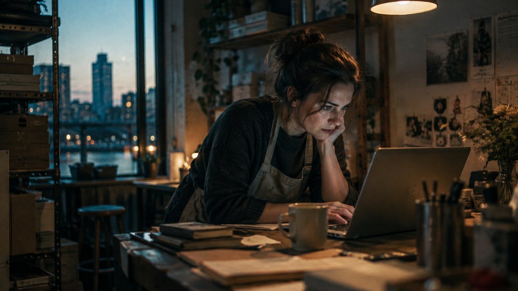 A small-business owner in an apron leaning over a laptop on a cluttered back-office desk late in the day, photographed in Stamford
