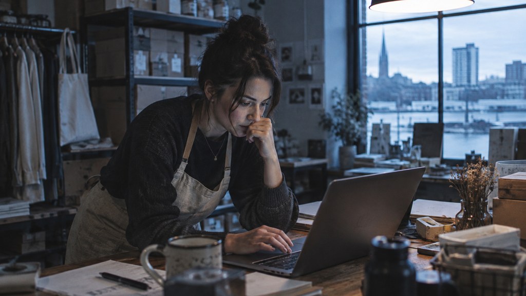 A small-business owner in an apron leaning over a laptop on a cluttered back-office desk late in the day, photographed in Stamford