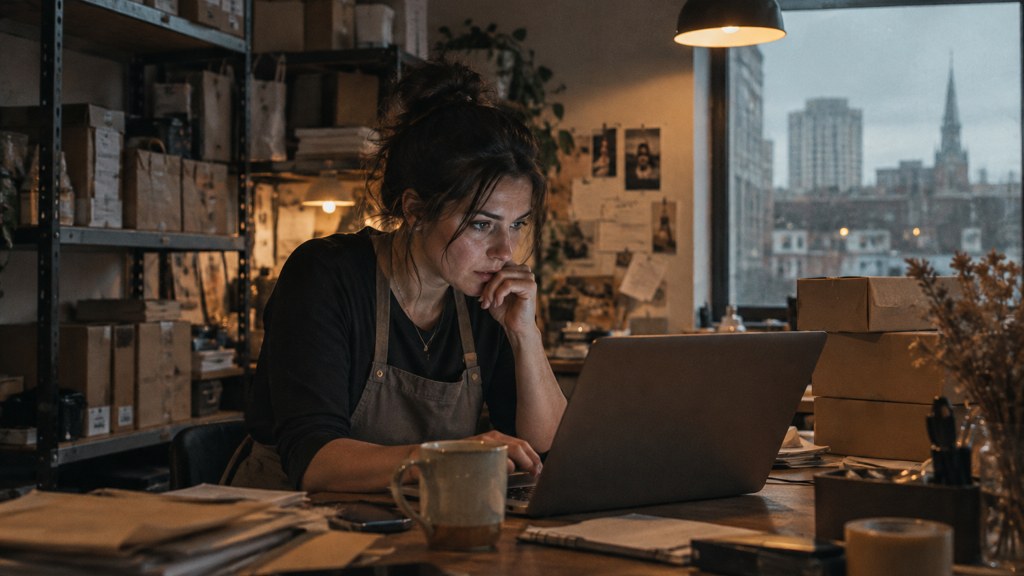 A small-business owner in an apron leaning over a laptop on a cluttered back-office desk late in the day, photographed in Stamford