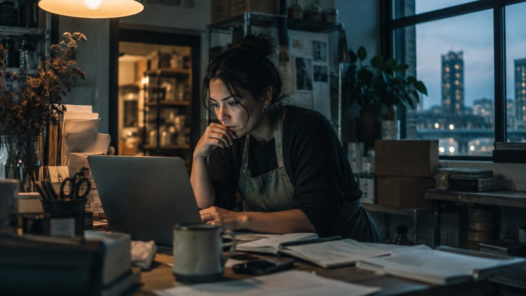 A small-business owner in an apron leaning over a laptop on a cluttered back-office desk late in the day, photographed in Stamford
