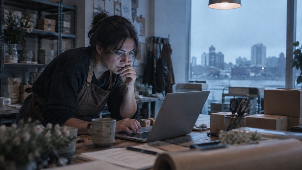 A small-business owner in an apron leaning over a laptop on a cluttered back-office desk late in the day, photographed in Stamford