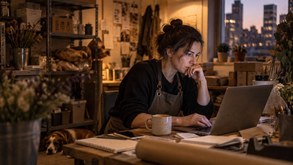 A small-business owner in an apron leaning over a laptop on a cluttered back-office desk late in the day, photographed in Stamford