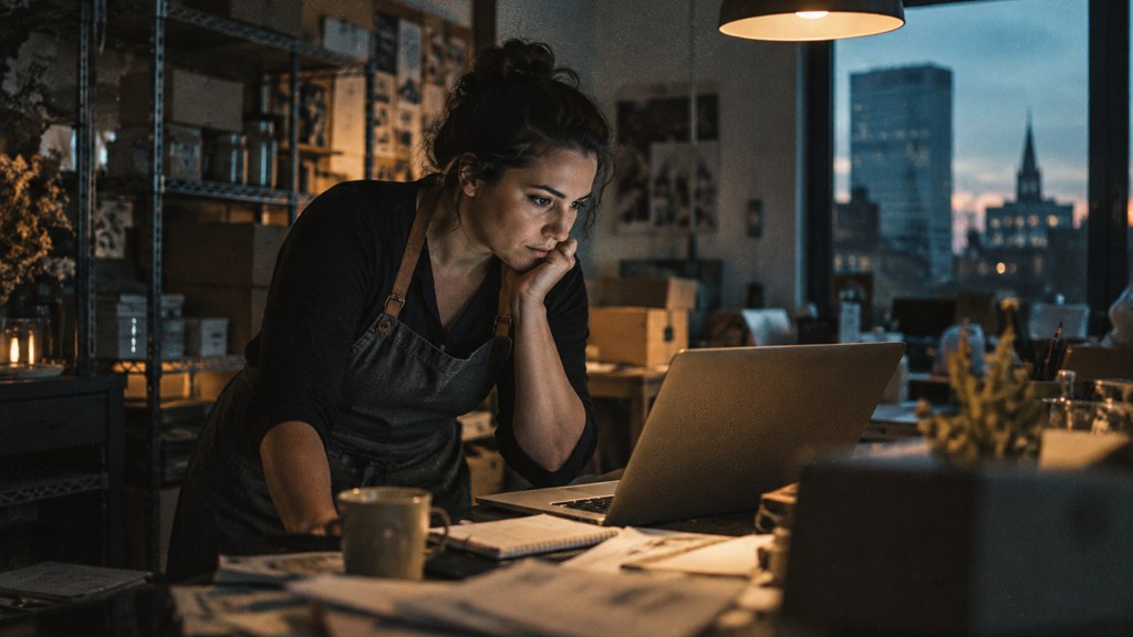 A small-business owner in an apron leaning over a laptop on a cluttered back-office desk late in the day, photographed in Stamford