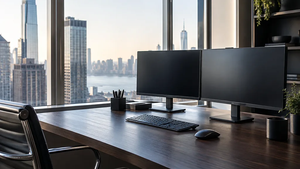 A New York conversion optimization workspace with blank dashboards on a dark walnut desk in cool morning light