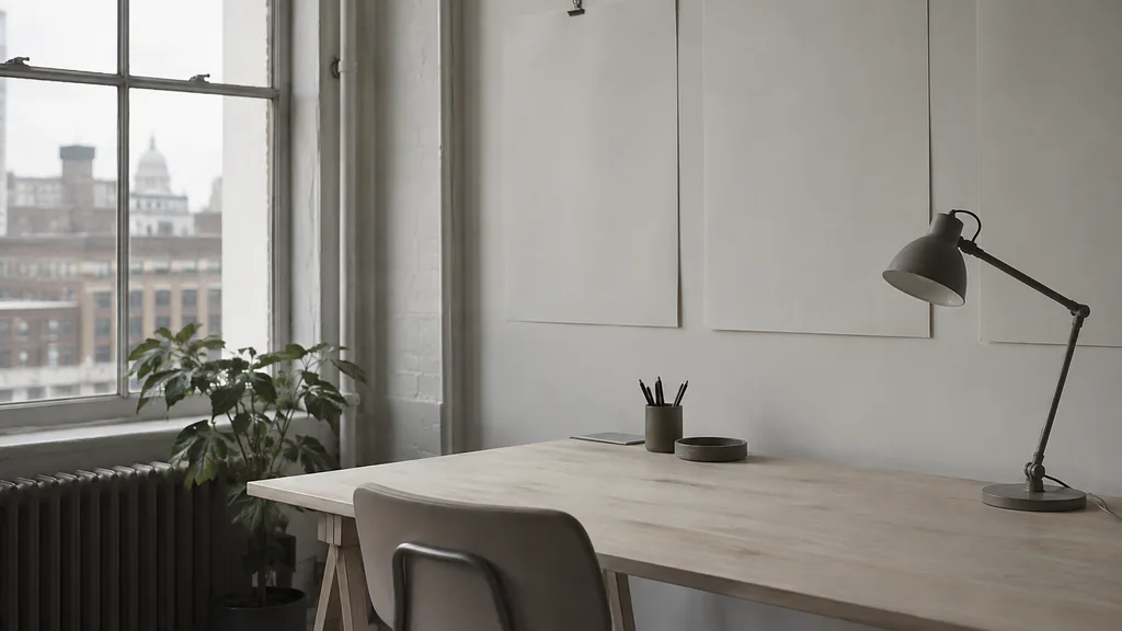 A London conversion optimization studio with blank charts above a pale ash desk in soft grey daylight
