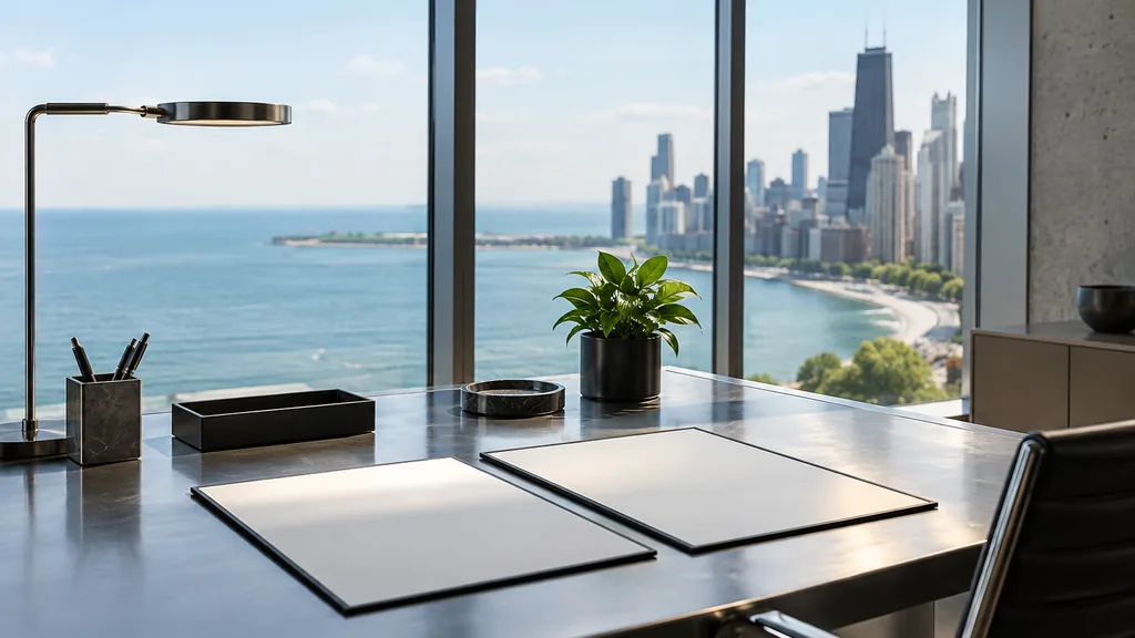A Chicago conversion optimization office with blank test result boards on a matte steel desk in bright lakefront light