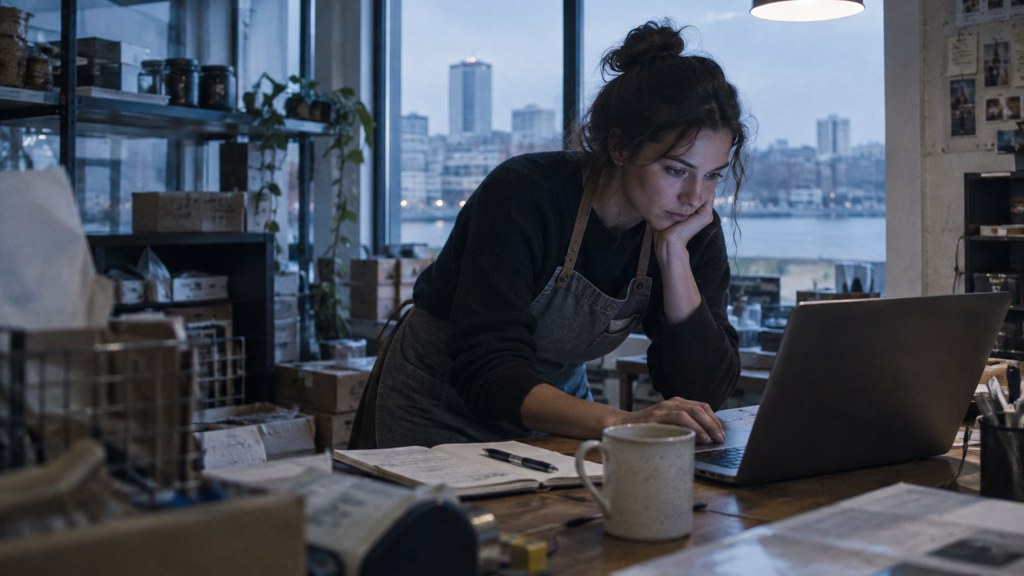 A small-business owner in an apron leaning over a laptop on a cluttered back-office desk late in the day, photographed in Stamford