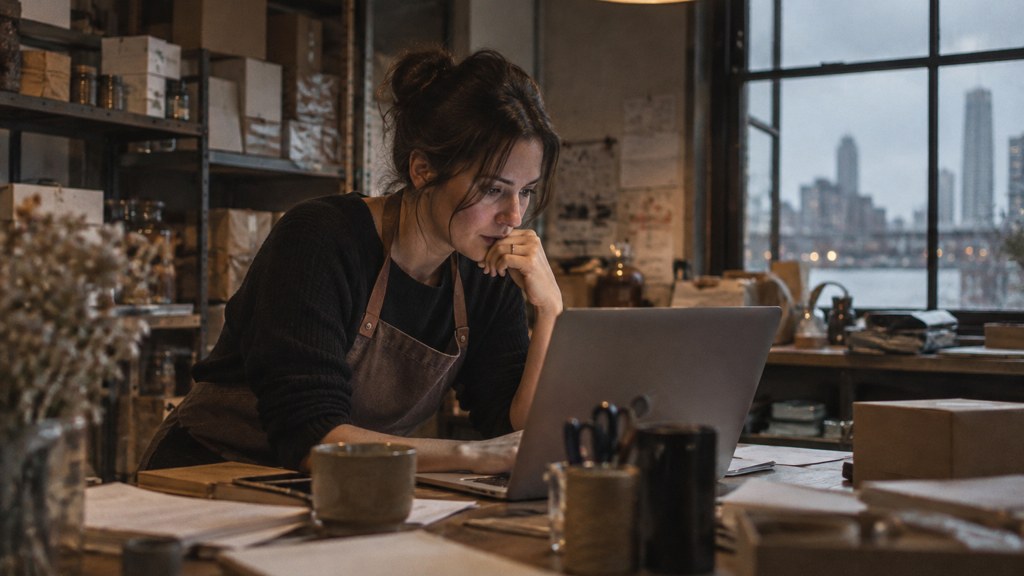 A small-business owner in an apron leaning over a laptop on a cluttered back-office desk late in the day, photographed in Stamford