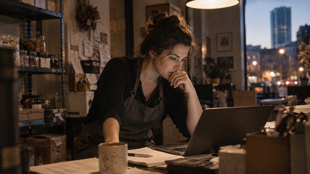 A small-business owner in an apron leaning over a laptop on a cluttered back-office desk late in the day, photographed in Stamford