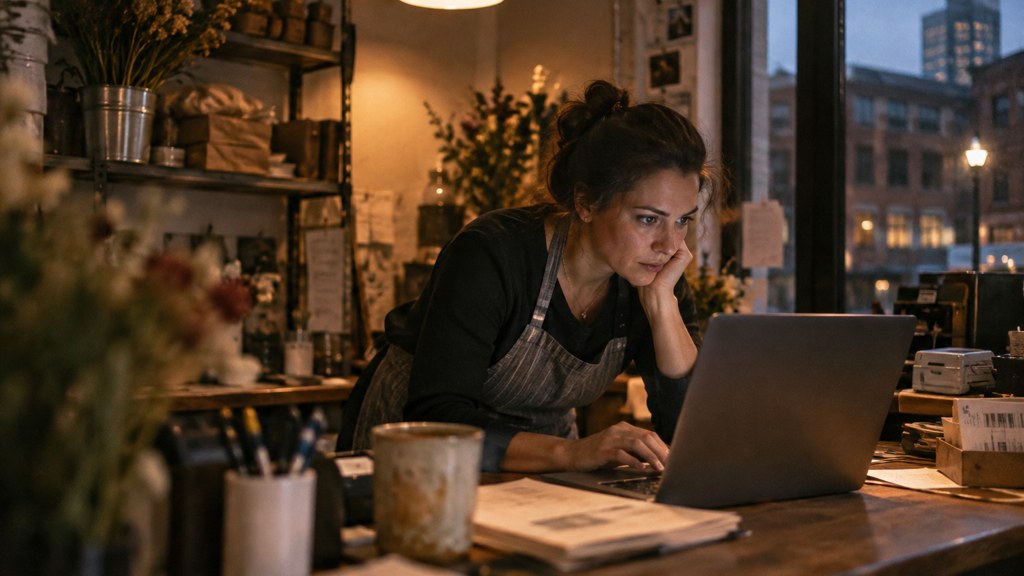 A small-business owner in an apron leaning over a laptop on a cluttered back-office desk late in the day, photographed in Stamford