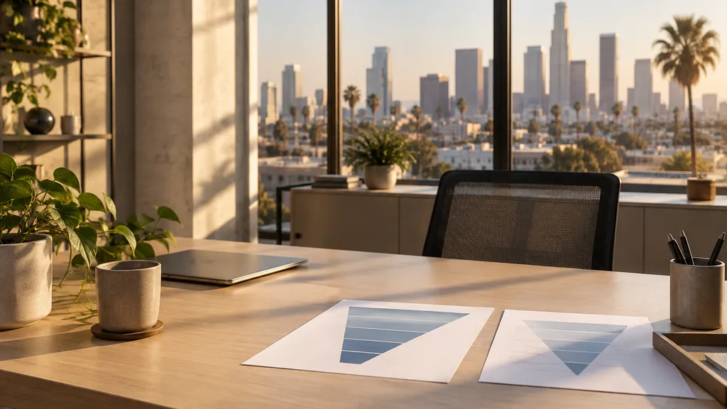 A Los Angeles conversion optimization studio with blank funnel charts on a pale oak desk in warm afternoon light