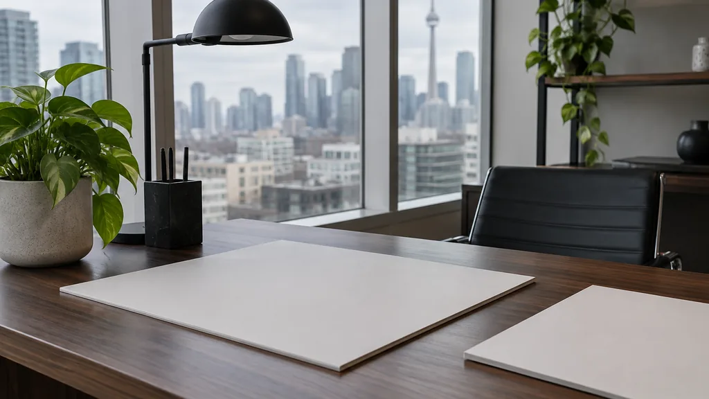 A Toronto conversion optimization office with blank experiment boards on a dark walnut desk in cool daylight