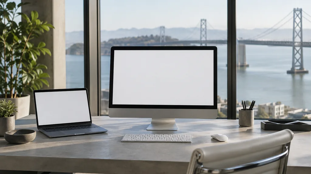 A San Francisco conversion optimization workspace with blank dashboards on a light concrete desk in bright bay light
