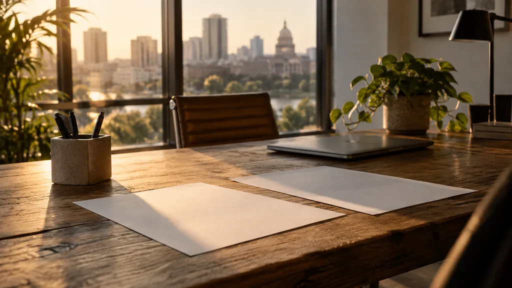An Austin conversion optimization office with blank test result sheets on a raw timber desk in warm late light