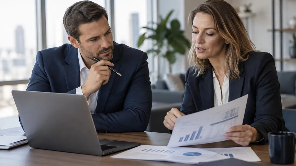 Two business leaders reviewing a printed pricing comparison and a laptop at a meeting table in a bright modern office