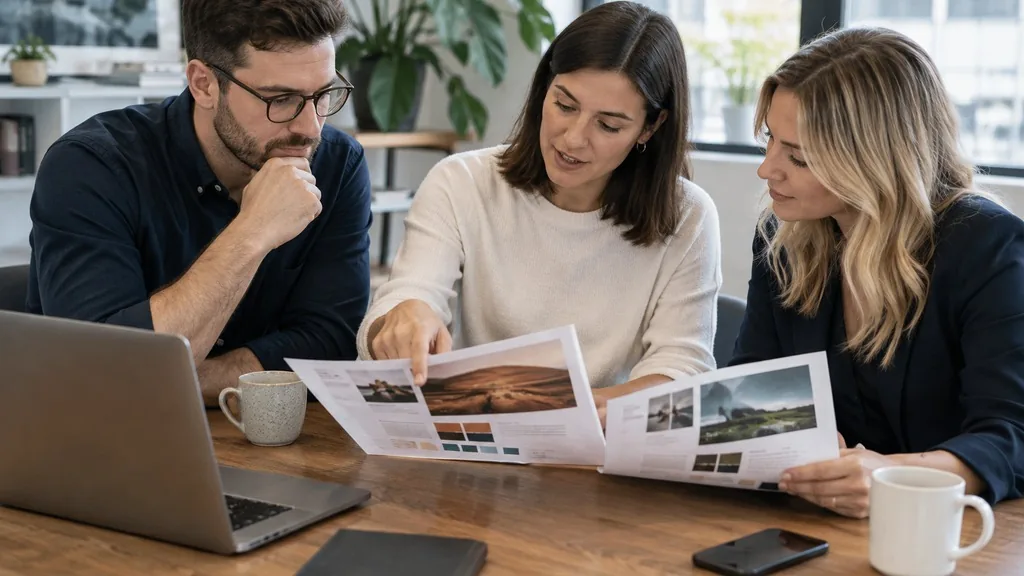 Three colleagues comparing two printed marketing proposals across a wooden meeting table in a bright office