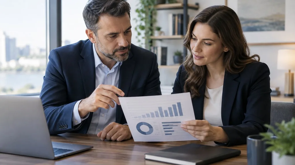 Finance lead and marketing lead reviewing a single printed one-page performance report together at a desk