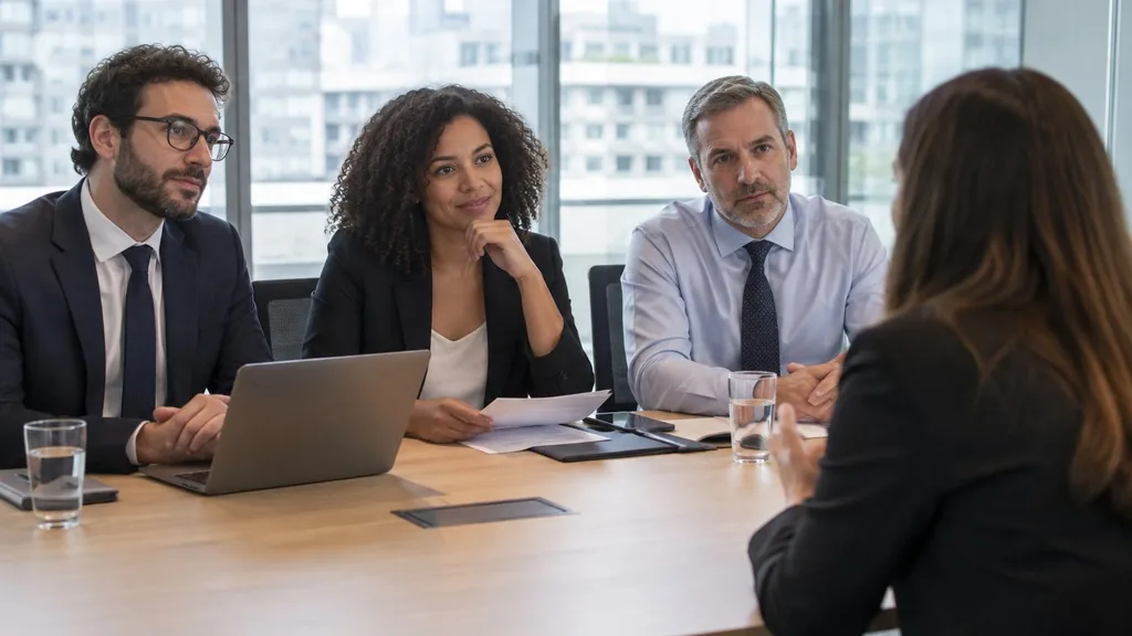 Hiring panel of three people interviewing a consultant across a table in a glass-walled meeting room
