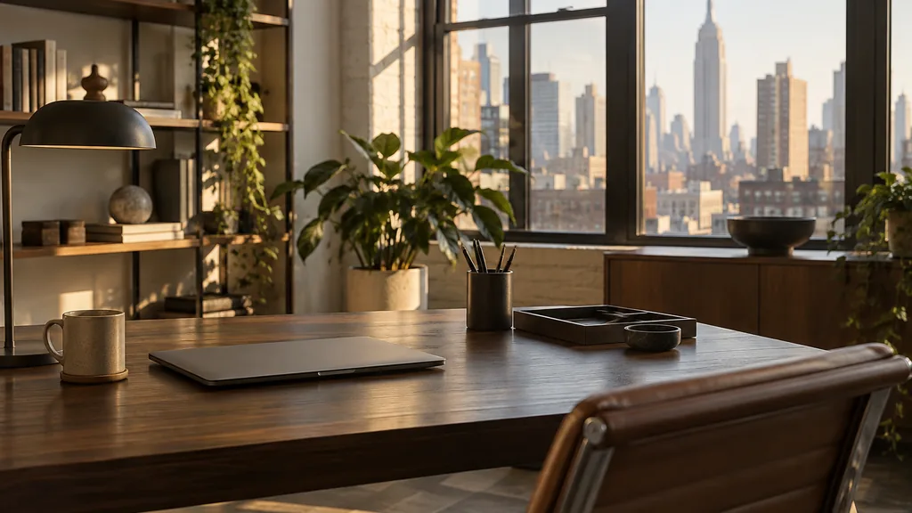 A New York AI search research studio with blank prompt logs on a dark walnut desk in warm morning light