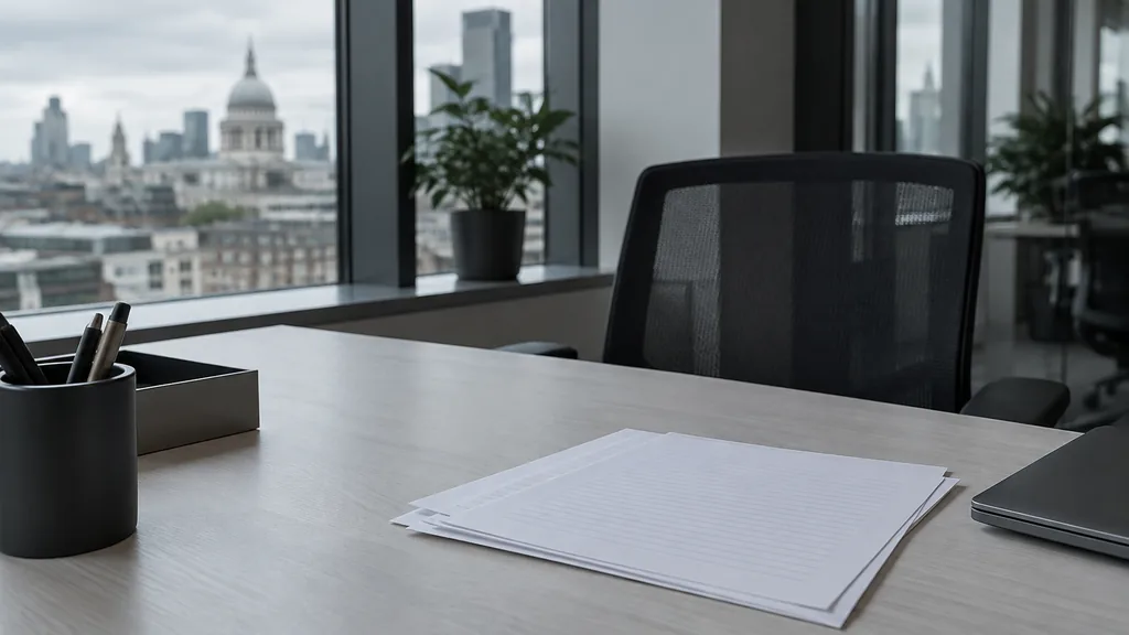 A London AI search office with blank answer transcripts on a pale ash desk in cool overcast daylight