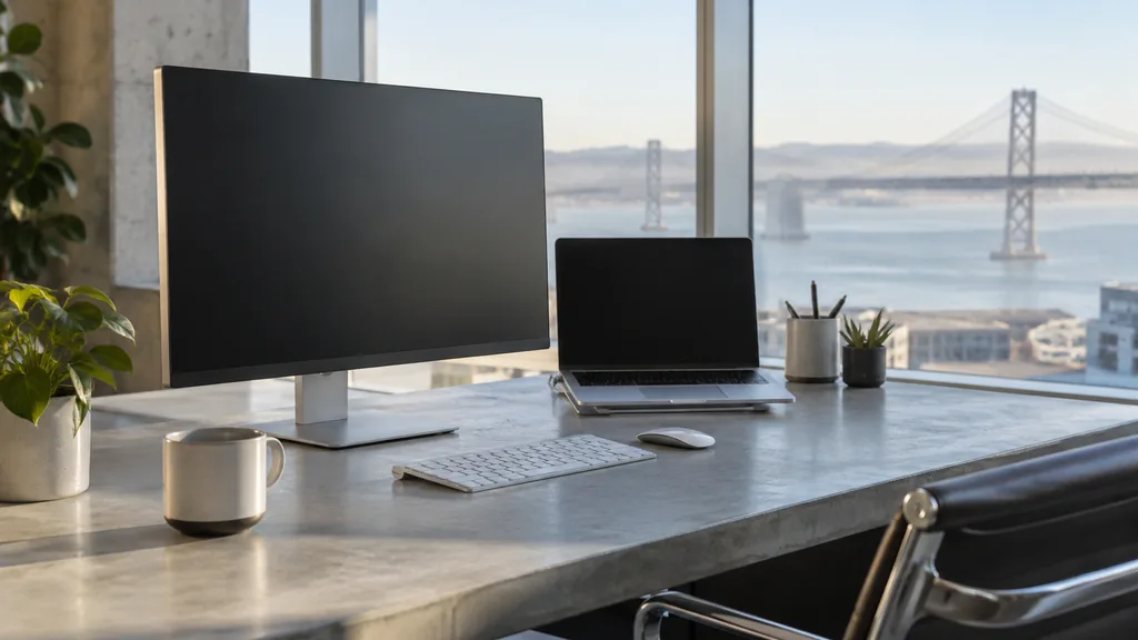 A San Francisco AI search workspace with blank visibility dashboards on a light concrete desk in bright bay light