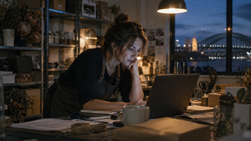 A small-business owner in an apron leaning over a laptop on a cluttered back-office desk late in the day, photographed in Sydney