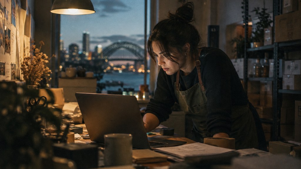 A small-business owner in an apron leaning over a laptop on a cluttered back-office desk late in the day, photographed in Sydney